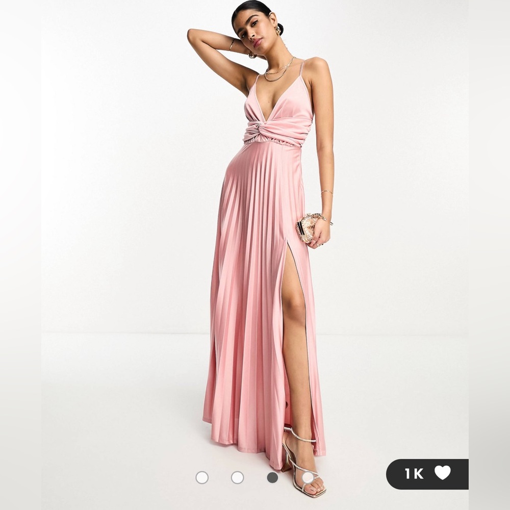 ASOS DESIGN plunge cami waisted pleated maxi dress in rose gold